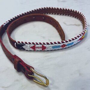 Southwestern Hand Beaded Western 3/4" wide Leather Belt Gold‎ Tone Buckle 32"
